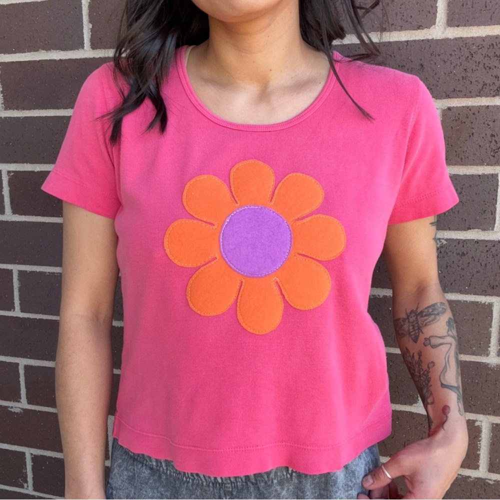 70s Inspired Retro Floral Patched Vintage Scoop Neck Pink Top Women’s M